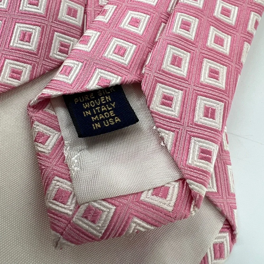 Brooks Brothers Makers Pink White Geometric Square Silk Tie Made in USA Italy